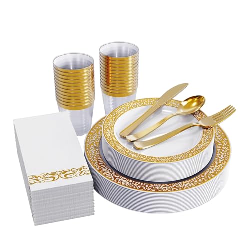 AEX 175-Piece Gold Dinnerware Set – 25 Dinner Plates, 25 Salad Plates, 25 Napkins, 25 Silver Rimmed Tumbler Cups, 25 Knives, 25 Forks, 25 Spoons – Elegant Tableware for Events
