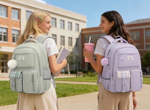 Image of School Backpack for Teen Girls, Big Student Laptop Backpack Aesthetic Bookbags for College Women Elementary Middle High School Travel Mochilas Escolares, Purple