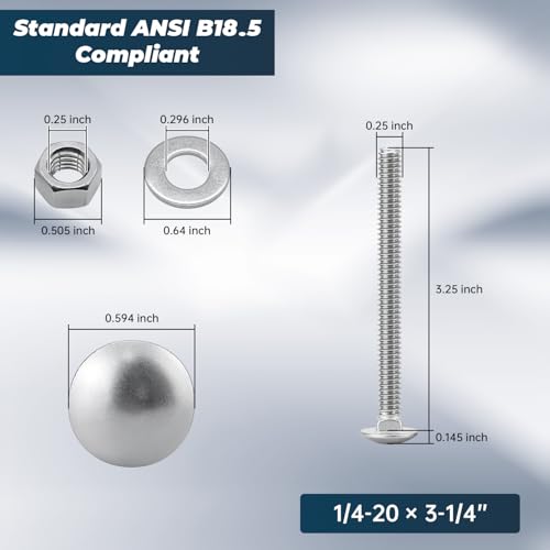 Image of 1 /4-20 x 3-1 /4 Inch Carriage Bolt Kit, 304 Stainless Steel (18-8) with Hex Nuts & Flat Washers - 10 Sets, Round Head Square Neck, Full Thread Coverage by Glvaner