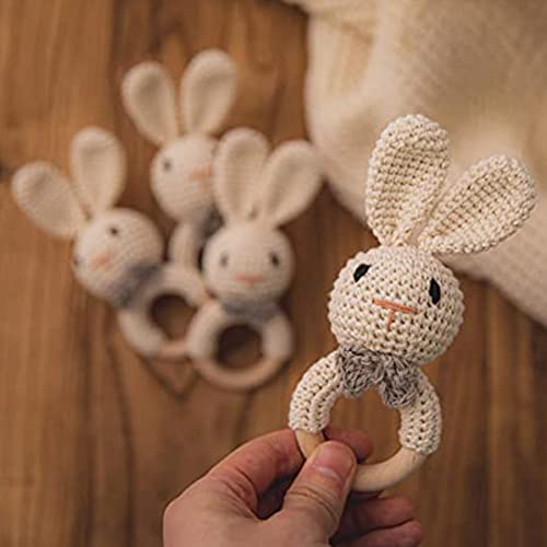 Wooden Baby Rattle Crochet Bunny Baby Toys Handmade Newborn Toy Early Development Grips Stuffed Animal Organic Rattle #TOP3
