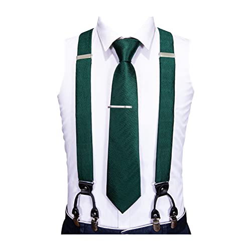 Image of Barry.Wang Men Suspender Set with Necktie Elastic Y Type Heavy Duty 6 Clips Braces Tie Handkerchief Cufflink Pin 6PCS