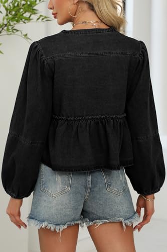 D-Sun Women Fall Peplum Babydoll Denim Shirt Tie Front Long Puff Sleeves Jean Blouse Y2K Cropped Bow Open Front Top4