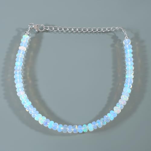 4MM AAA Natural Opal Bracelet - Faceted Fire Opal Beaded Bracelet, October Birthstone Jewelry, 925 Sterling Silver Clasp & 5CM Chain, 22CM2
