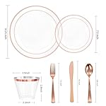 bUCLA 300PCS Rose Gold Plastic Dinnerware - Clear Dinnerware Set Disposable Include 50 Dinner Plates,50 Dessert Plates,50 Knives,50 Forks,50 Spoons,50 Cups for Party, Wedding & Valentines Day - Image 2