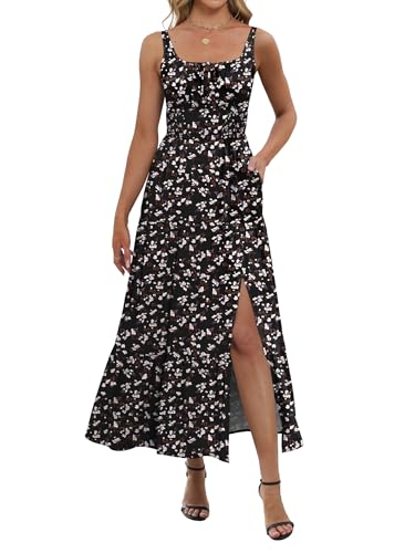 ANRABESS Women Summer Maxi Dress 2025 Square Neck Sleeveless Casual Boho Floral High Waist Slit Travel Vacation Sundress
