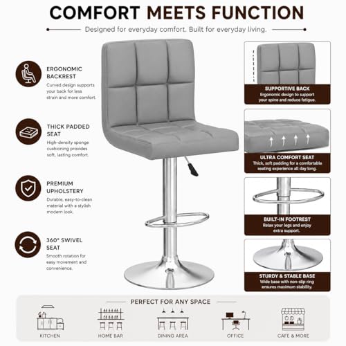 Image of Kemon KaiMeng Modern Adjustable Swivel Bar Stool Chair with Backrest, PU Leather Hydraulic Counter Stool with Footrest for Kitchen Island, Cafe & Home Bar, Grey, Square Tufted Back Stool