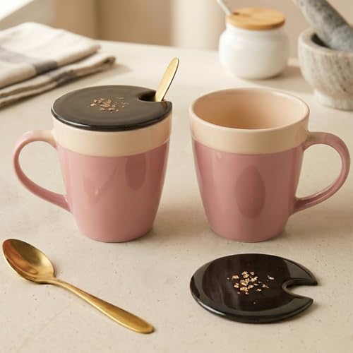 Image of The Earth Store Pink Beige Flow Coffee Mug with Lid and Spoon Set of 2 | 340ML Ceramic Coffee Mugs Set of 2 | Resin Art Wooden Lid & Golden Spoon | Premium Coffee Mugs for Gift