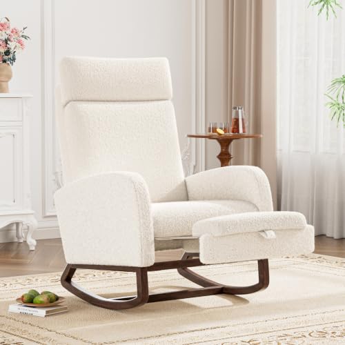 Image of Teddy Nursery Rocking Chair, High Back Glider with Footrest, Beige | Teddy Rocking Chair Nursery with Footrest Storage Pocket Upholstered Accent Arm Chair for Living Room Bedroom Indoor