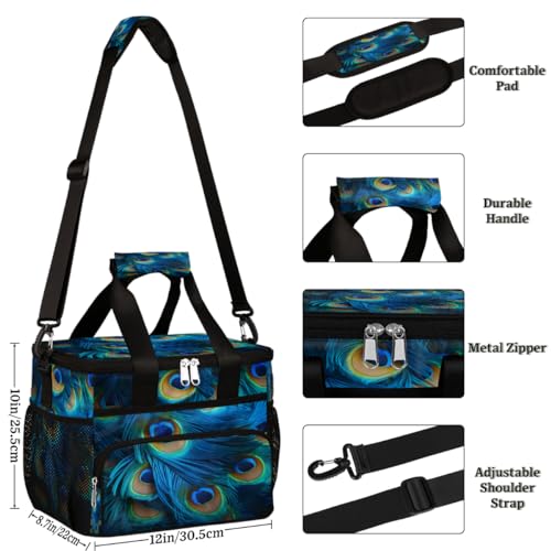 Animal Feathers Insulated Picnic Backpack Lunch Box for Women Men Picnic Basket Tote Lunch Bag Picnic Bag Portable Lunch Bags for Picnic, Beach, Work, Trip,Office, Camp Peacock Feathers