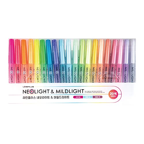 LINEPLUS Pastel/Neon Neolight Mildlight Highlighter Brush Chisel Tip Pens ([Pastel/Neon] Neo/Mild 20 Colors Set)