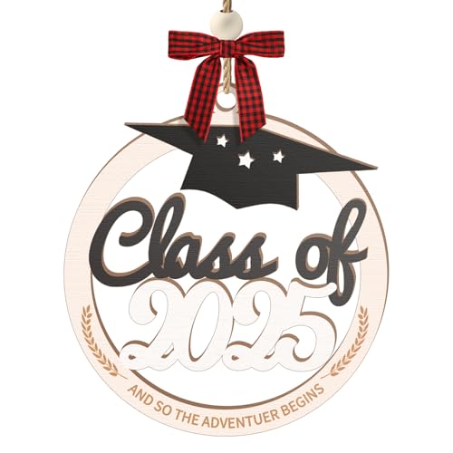 SNILOAW Class Of 2025 Graduation Ornament For Her Him Women College Nurse High School PhD Grad Gift Wooden Ornament With Red Plaid Bow Rustic Style