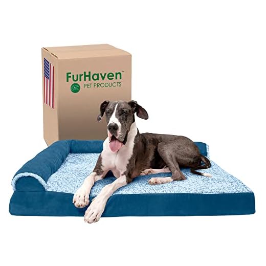 Furhaven Orthopedic Dog Bed for Large Dogs w/ Removable Bolsters & Washable Cover, For Dogs Up to 125 lbs - Two-Tone Plush Faux Fur & Suede L Shaped Chaise - Marine Blue, Jumbo Plus/XXL