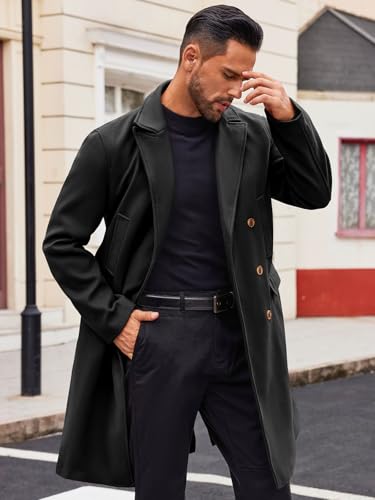 Image of Runcati Mens Trench Coat Notch Lapel Slim Fit Double Breasted Casual Long Business Pea Coat Overcoat