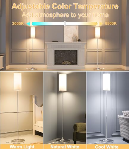 luckystyle LED Floor Lamp for Living Room, Dimmable Standing Lamps with Foot Switch,Remote Custom Color Temperature Silver Pole Lamp with Lampshade,12W Led Bulb Tall Lamps for Bedroom Office Kid Room