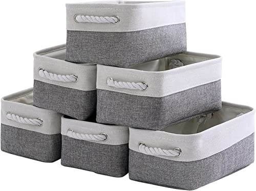 Image of Pulnimus Small Fabric Baskets [6 Pack] Storage Bin Basket for Organizing, Empty Gift Baskets with Rope Handles, Foldable Baskets for Toys, Decorative Baskets Closet, Nursery, Home (White Grey)
