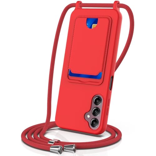 FMPCUON Handykette Flüssigsilikon Hülle für Samsung Galaxy A14 4G/5G mit Band,Handyhülle mit Kartenfach,Necklace Schutzhülle mit Abnehmbar Kordel zum Umhängen Stossfest Bumper,Rot