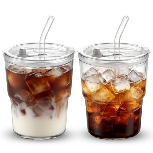 Danmu Art 380ml Glass Tumbler with Lid and Straw 2 Pack - Ribbed Glass Cup Iced Coffee Glasses, Clear Leakproof Tumbler Cup for Smoothies, Iced Latte,Matcha, Cold Drinks