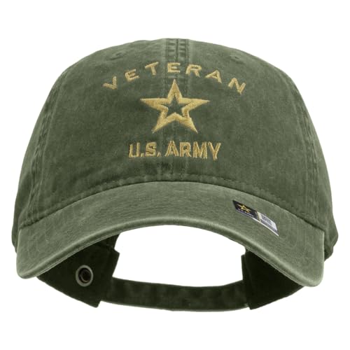 e4Hats.com U.S. Army Veteran Military Embroidered Washed Solid Pigment Dyed Cotton Twill Brass Buckle Cap - Olive OSFM