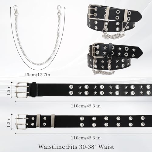 Studded Belt, Y2K Belt with Chain Star Belt Black Belt Women Goth Belt Punk Double Grommet Belt for Women Men2