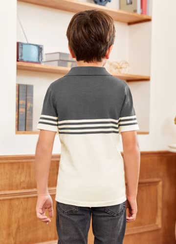 Coutgo Boys' Short Sleeve Knit Polo Shirt, Fashion Striped Polo, Kids Teens School Uniform T-Shirts Grey #TOP4