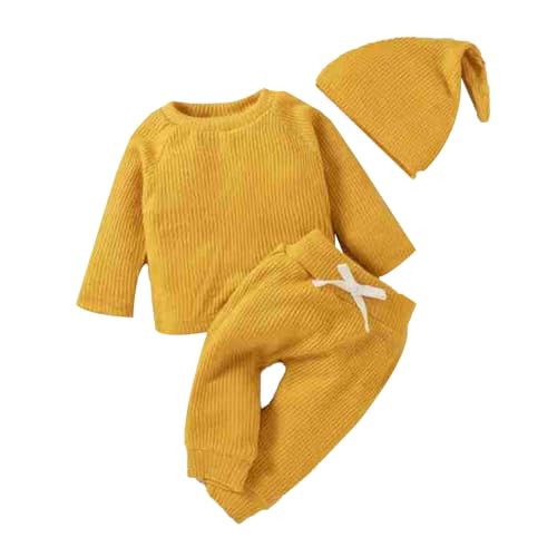Camiseta para bebês outono inverno manga longa cor sólida tricotado três peças meninas, Amarelo, 12-