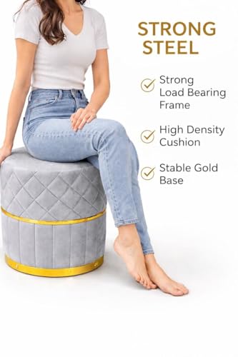 Image of Premium Velvet Ottoman Stool with Gold Base | Round Puffy Footrest with Diamond Quilting | Soft Seating for Living Room, Bedroom & Dressing Area (Set of 2 Silver Grey)