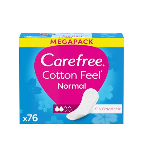Carefree Cotton Sin Fragancia Protegeslips (76 unidades), protectores de absorbencia normal y transpirables de uso diario sin fragancia, protege slips plegados en bolsitas individuales