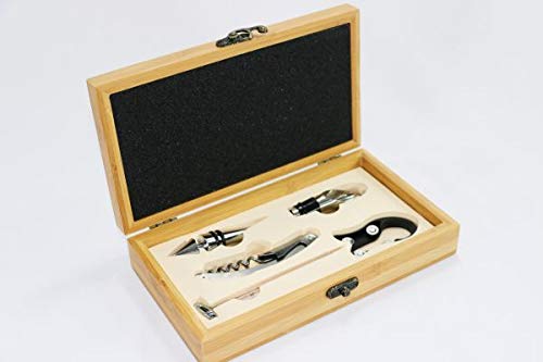 Kit Acessórios Para Vinho Em Inox E Caixa De Bambu - 5 Peças
