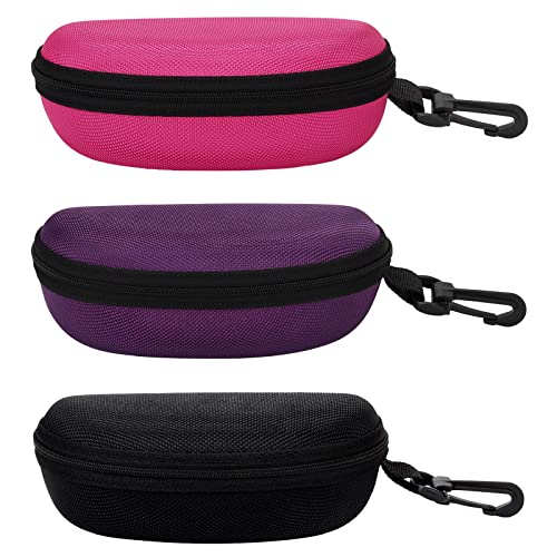 molshine 3 pièces étui à lunettes de soleil à coque rigide portable, étui à lunettes à fermeture éclair avec crochet pour femmes hommes voyage sport (Noir&Rose&Violet) Cover