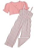 Evensu Jumpsuit For Girls Outfits Jumper Kids Casual Sleeveless Rompers Summer Clothes Stripe With Ruffle Sleeve Cardigan Set Wide Leg Pink 6-7 Years