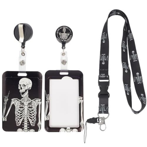 SUNNYCLUE 1 Box Gothic Badge Lanyard Skull Retractable Badge Reel Clip Badges Holder Horror Funny Skeleton Halloween Black ID Lanyard Name Tag Vertical ID Protector Breakaway for Men Women Teachers