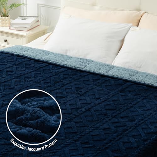 Wemore Weighted Blanket for Adults Twin Size 20 lbs, Dual Sided Soft Fuzzy Jacquard Sherpa Weighted Blankets for Sleeping, Cozy Fluffy Knitted Heavy Blanket for Couch Bed, Navy Blue, 60 x 80 inches