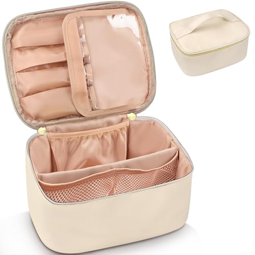 ZIOSINM Reise Kosmetiktasche Damen Groß Für Handtasche, 25 x 17 x 12 cm Make Up Tasche Bag Organizer Mit Fächern Und Bürstenfach Kulturtasche PU Leder Schminktasche, Portable Wasserdicht (Beige)