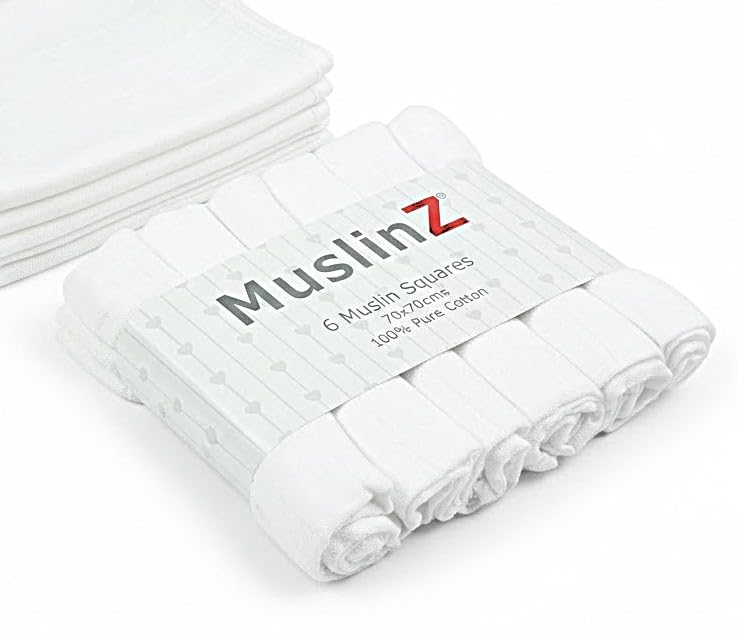 MuslinZ White Baby Muslin Cloths, Baby Burp Cloths, Baby Muslins, Baby Diaper Cloths, 100% Pure Cotton, Newborn Baby Essential (6 Pack - 70x70cms)