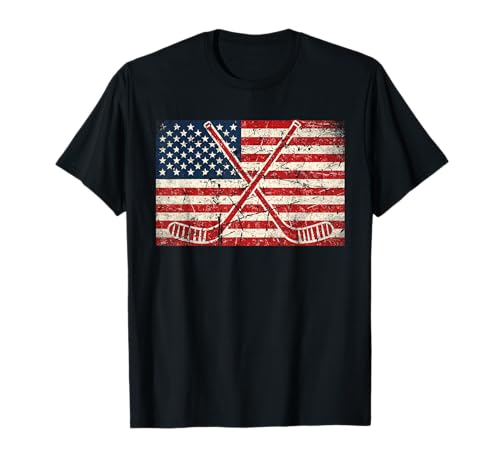 American Pride 4th of July Ice Hockey USA Flag Hockey Sticks T-Shirt