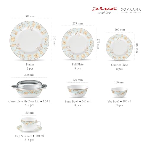 Image of La Opala Diva Sovrana Collection Opal Glass Crockery | for Family of 8 | Dinner Set 62 pcs Medusa Gold | Plates & Bowls for Dining | Microwave Safe | 100% Vegetarian | Extra Strong | Light & White