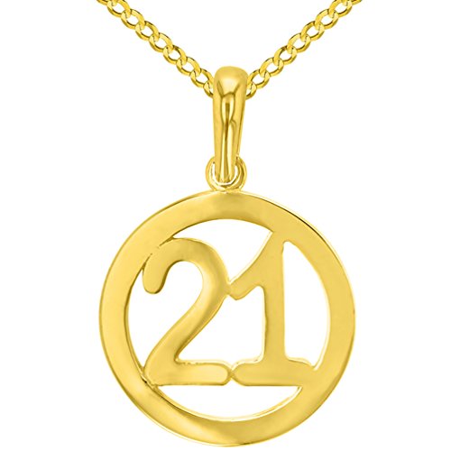 Jewelry America Solid 14K Yellow Gold Round Number Twenty One Charm Pendant With Curb Chain Necklace, 18" #TOP22