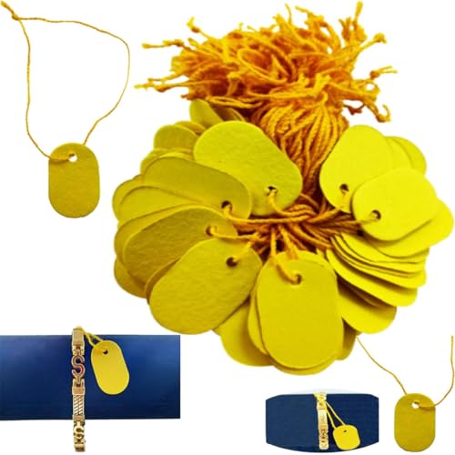 Image of DIY Crafts Yellow Tie Label Paper Tag for Jewellery Retail Shops Watch Kitchen Clothes Content Label, Goods Price TagPrice Tags with String Attached, Paper Hang Tags (3.6cm /2.1cm, 100, Count)