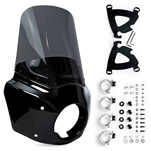 Krator Motorcycle Windshield Fairing Kit, Harley Dyna And Softail Compatible, 35-49Mm Forks, Road Warrior Style, Black & Smoke Windscreen, Dyna Fairing #TOP4