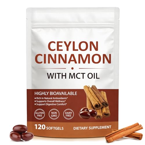 Ceylon Cinnamon Capsules with MCT Oil Cinnamomum Verum Extract Supplement Antioxidant Support & Digestive Health Easily Absorbed Formula for Daily Wellness Support 120 Softgels