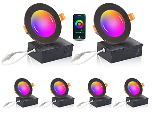 [6 Pack]CLOUDY BAY 4inch Smart Wifi LED Recessed Lights,RGB Color Changing Recessed Lighting,Compatible with Alexa and Google Home Assistant,10W 2700K-6500K,CRI90+ WET Location,Oil Rubbed Bronze