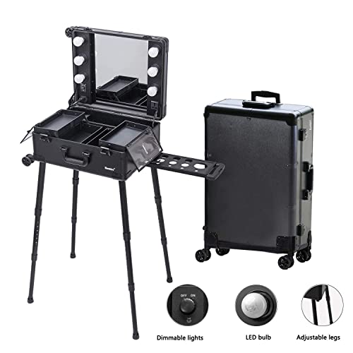 Kemier Makeup Case,Professional Artist Studio Cosmetic Train Table W/4 Rolling Wheels & Lights & Mirror,Pro Makeup Station,Cover Board And Easy Clean Extendable Trays,Adjustable Legs,Sturdy (Black) #TOP1