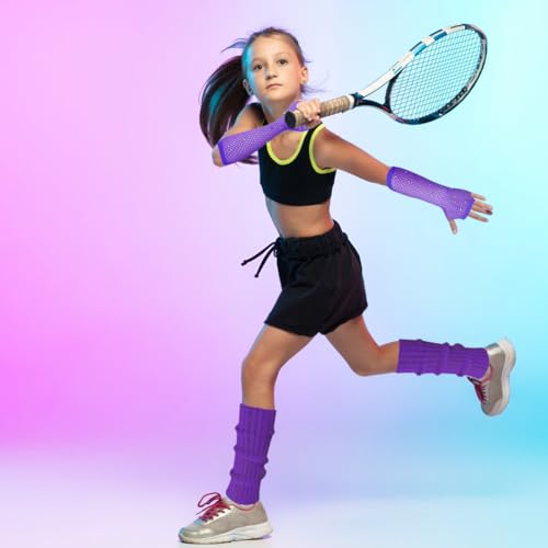 AffeGifts 80er Jahre Stulpen Kinder, 80er Jahre Outfit Kinder Neon Fischnetz Handschuhe Warm Leg Warmers Kids Schweißbänder Stulpen 80er Glitzer für Mädchen Fancy Kleid (Lila, 1)
