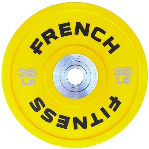 French Fitness Competition Urethane Bumper Plate 35 lb Colored Yellow - Durable High Durometer Urethane, Color Molded Markings, IWF Standard Diameter