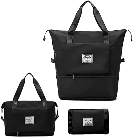 Large Capacity Folding Travel Duffel Bag for Men Women, Weekender Carry On Overnight Bag, Dry and Wet Separation, Lightweight Expandable Sports Gym Tote Bag with Trolley Sleeve, Black