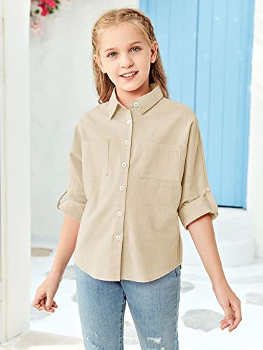 Modershe Girls Roll Up Cuffed Sleeve Button Down Shirts Cute Casual Pockets Blouses 5-14 Years Kids Loose Collared Tunic Tops Beige #TOP3