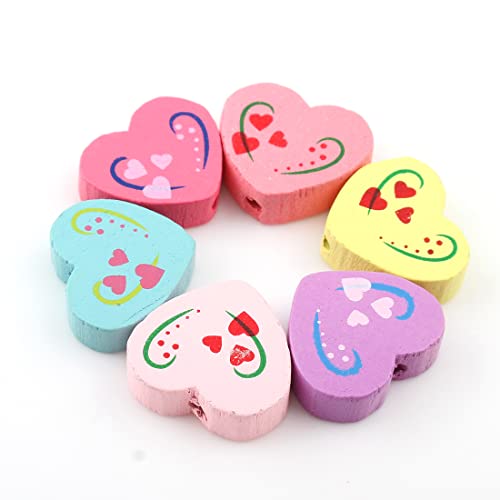 Wooden Beads for Threading 20 Pieces Motif Colourful Beads Set for DIY Bracelets Jewellery Necklaces Mixed Colour (Heart 18 mm x 16 mm)