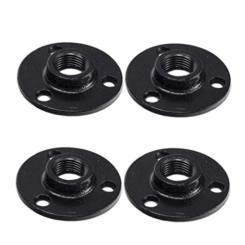 4pcs 1/2 Inch Malleable Black Floor Iron Flange DN15, Three Holes Iron Pipe Fitting Plumbing Threaded DIY Wall Industrial Steampunk Furniture Vintage Retro Decor