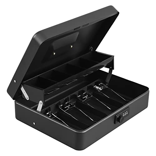 Xydled Cash Box With Money Tray And Combination Lock,Money Lock Box With Cash Tray,Safe Lock Box With Code,Tiered,4 Bill / 5 Coin Slots,11.8" X 9.5" X 3.5",Black Sand Grain #TOP1