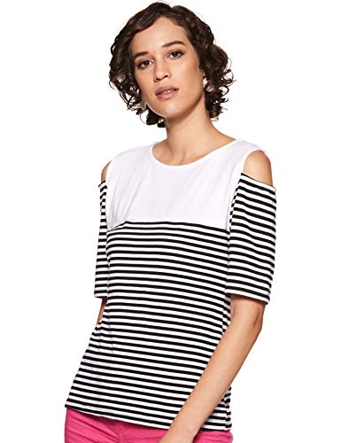 Image of Miss Chase Women's Navy Blue and White Round Neck Half Sleeves Striped Cold Shoulder Top